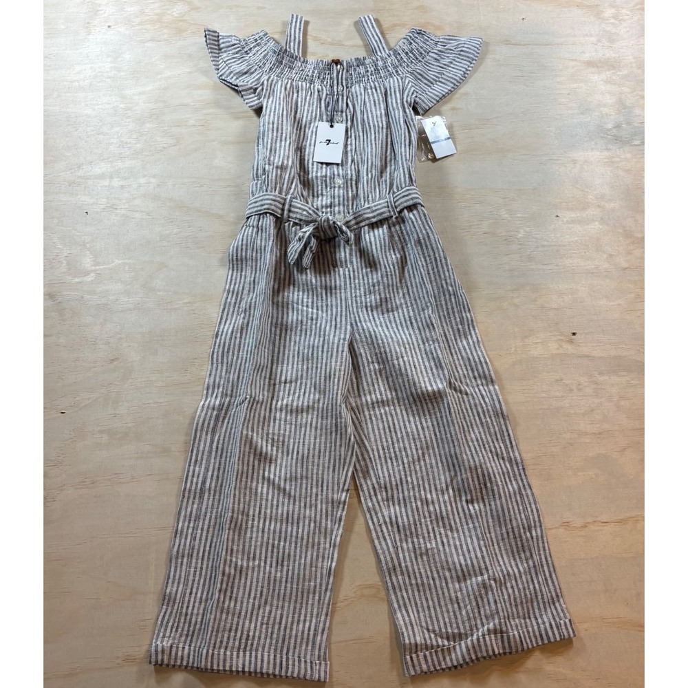 7 For All Mankind Beige and White Striped Linen-Blend Jumpsuit